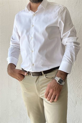 Beyaz Slimfit İtalyan Yaka Gömlek 