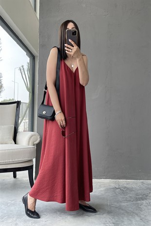 Kiremit Kırmızısı V Yaka Askılı Elbise 