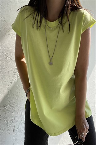 Sarı Neon Yırtmaçlı Basic Tişört 