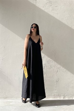 Siyah V Yaka Askılı Elbise 
